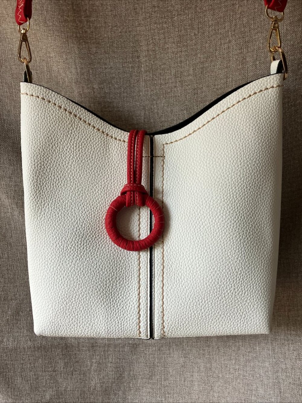 Empire Handbag Co White Pebbled Vegan Leather Shoulder Or Crossbody w/ Red Strap